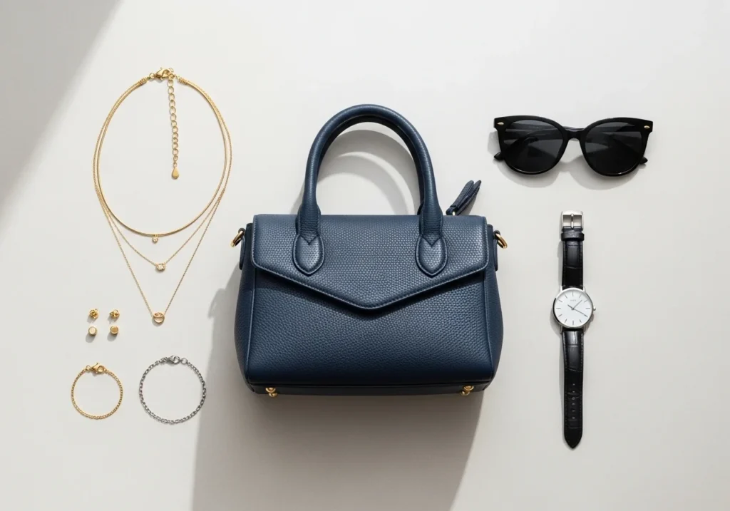 Flat lay of classy accessories including minimal jewelry, a structured handbag, sunglasses, and a sleek watch for a polished look.