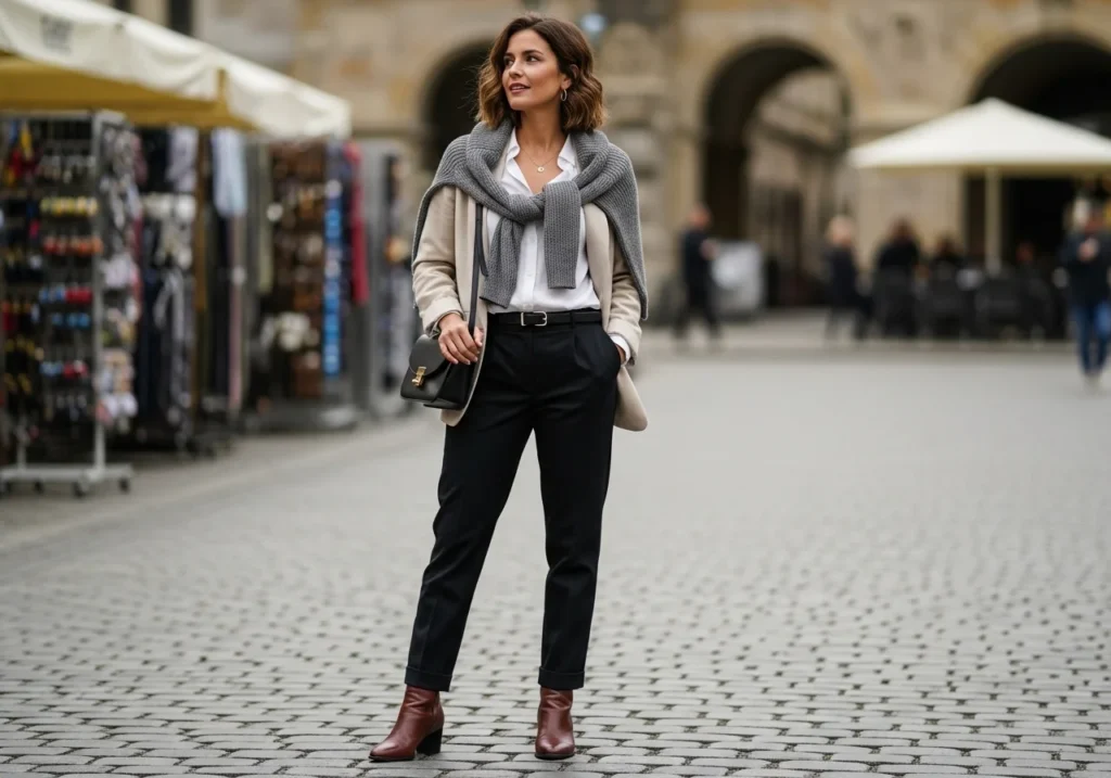 Woman wearing a white shirt, black trousers, and a neutral blazer layered with a cardigan, demonstrating affordable and classy outfit ideas.