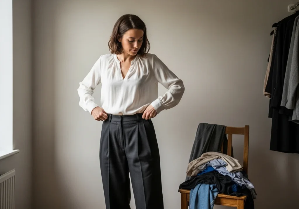 Woman adjusting her outfit in front of a mirror, highlighting common classy outfit mistakes like over-accessorizing, poor fit, and mismatched colors.
