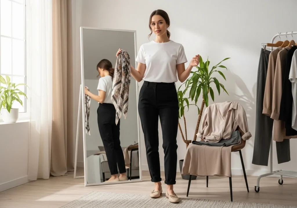 Woman trying different combinations of basic clothing in front of a mirror, demonstrating pro styling tips for beginners.