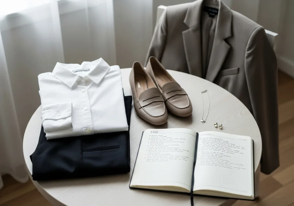 Flat lay of classy wardrobe essentials with a notebook showing FAQs about dressing classy and stylishly on a budget.