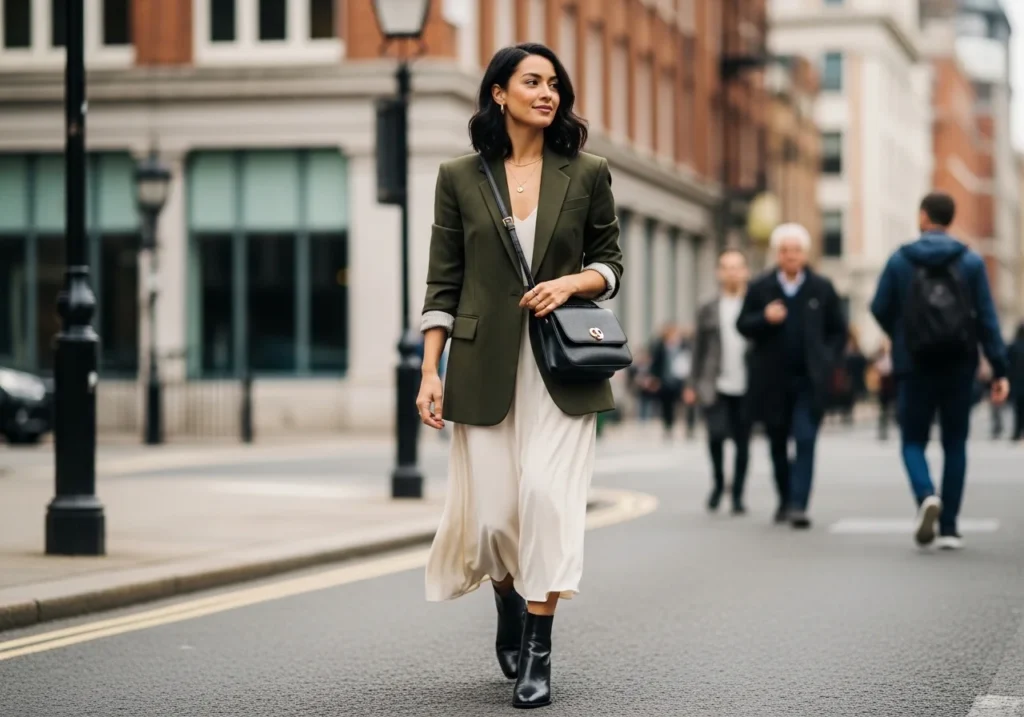 Woman walking on a city street wearing a chic and classy outfit with minimal accessories, showcasing timeless street style.