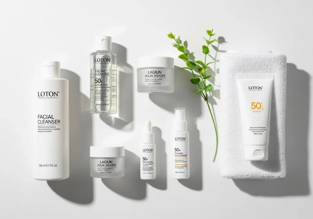 Flat lay of skincare products including cleanser, toner, moisturizer, and sunscreen for a consistent daily routine.