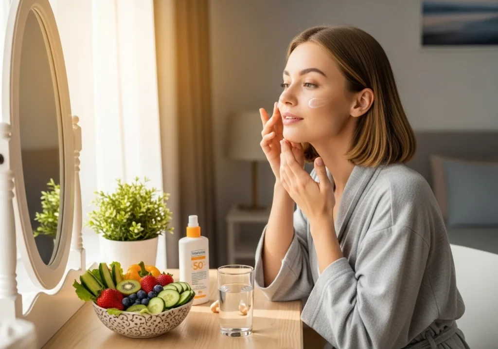 Woman applying moisturizer at vanity with sunscreen, water, and healthy fruits nearby for daily skincare and hydration.