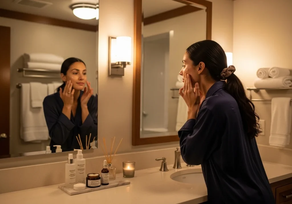 Woman doing her nighttime skincare routine with cleanser, serum, and night moisturizer.