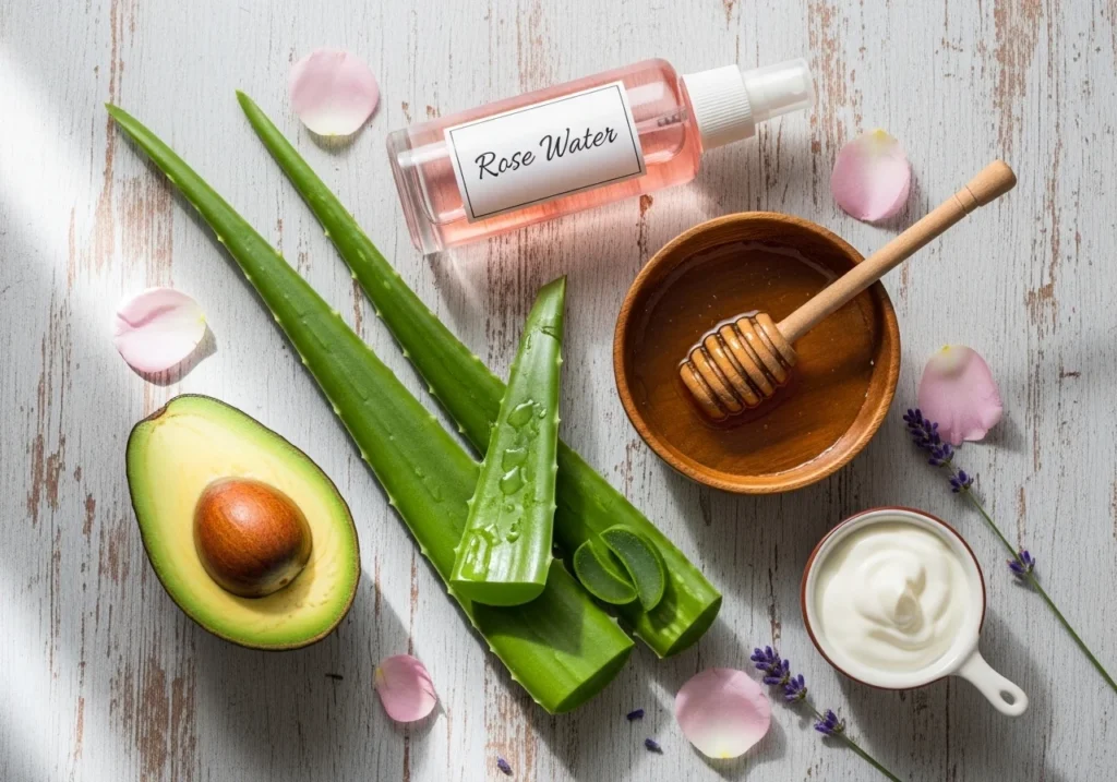 Flat lay of natural skincare ingredients including aloe vera, honey, rose water, avocado, and yogurt for DIY skin treatments.