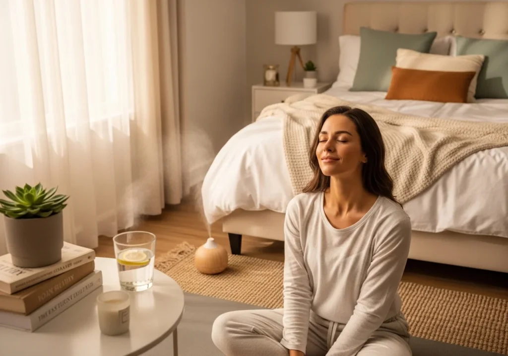 Woman practicing healthy lifestyle habits like hydration, yoga, and good sleep to achieve naturally glowing skin.