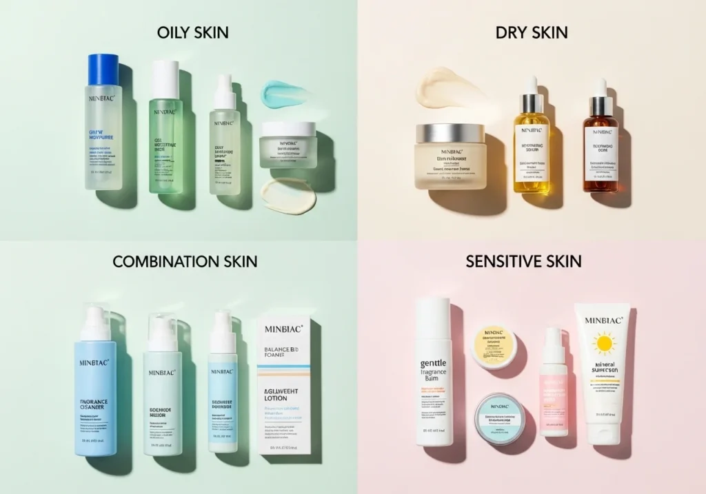 Flat lay of skincare products arranged for oily, dry, combination, and sensitive skin types.