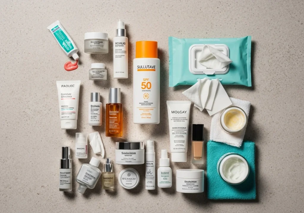 Flat lay of skincare products highlighting common mistakes such as skipping sunscreen, using wrong products, and not removing makeup.