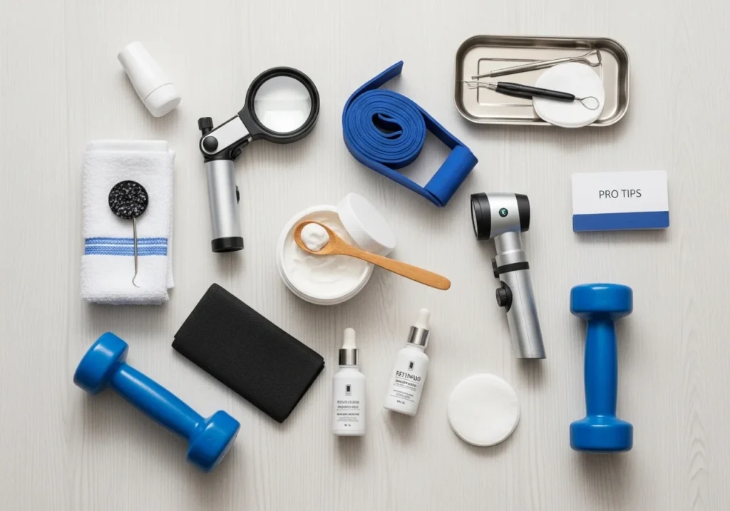 Flat lay showing exfoliator, retinoid serum, exercise elements, and dermatologist tools representing pro tips for clear, healthy skin.