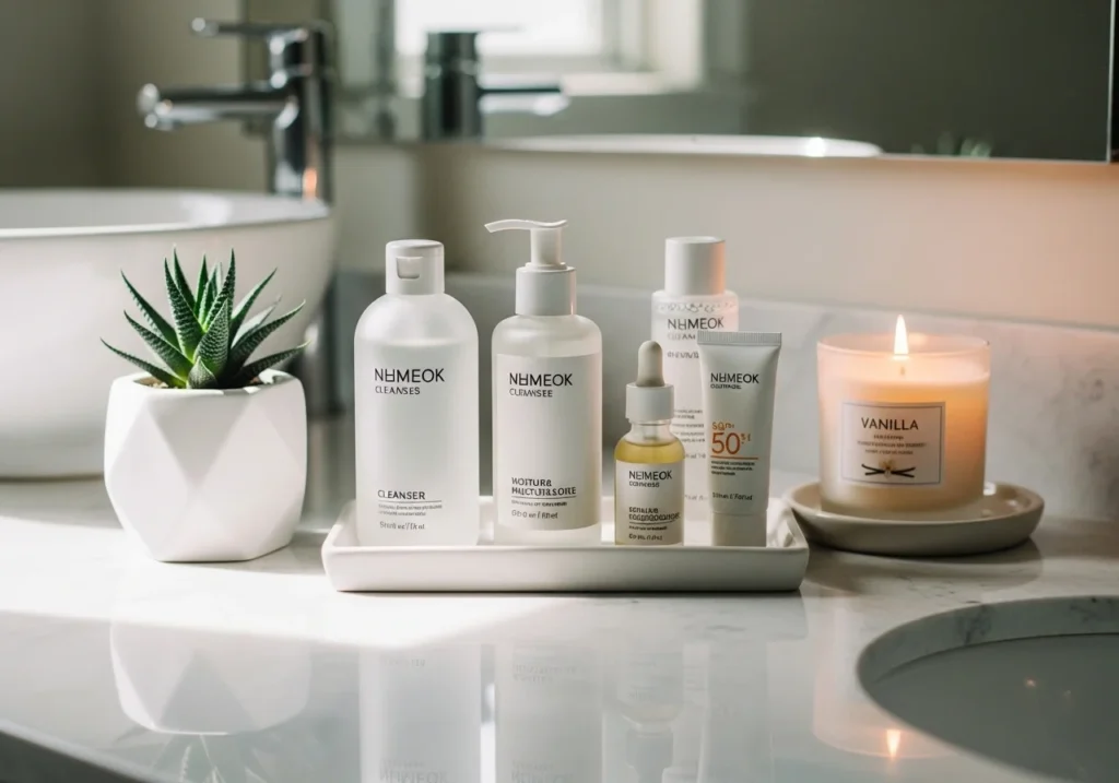 Neatly arranged skincare products on a clean counter with soft lighting, representing healthy and glowing skin.