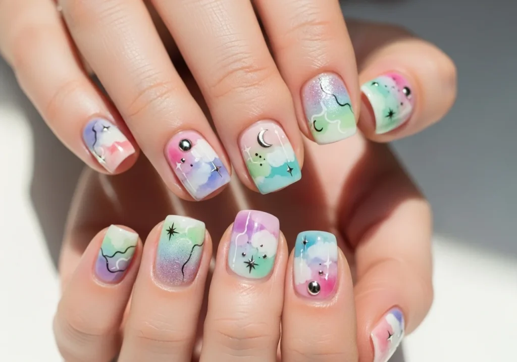Short natural nails with dreamy watercolor pastel nail art, chrome accents, and minimalist designs in an editorial aesthetic.