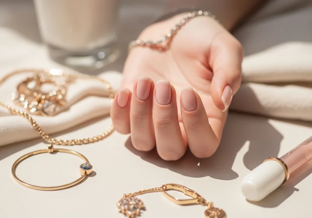 Clean and glossy short natural nails in a modern editorial setting, highlighting their practicality, low maintenance, and trendy look.