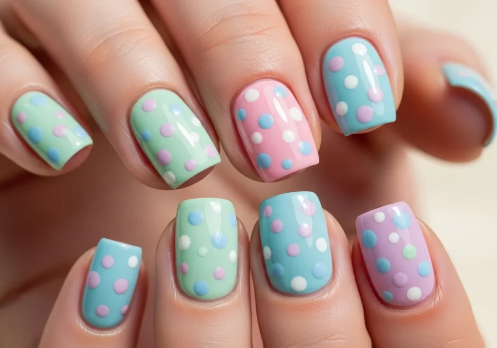 Pastel short nails with playful polka-dot nail art in a soft, cute aesthetic.