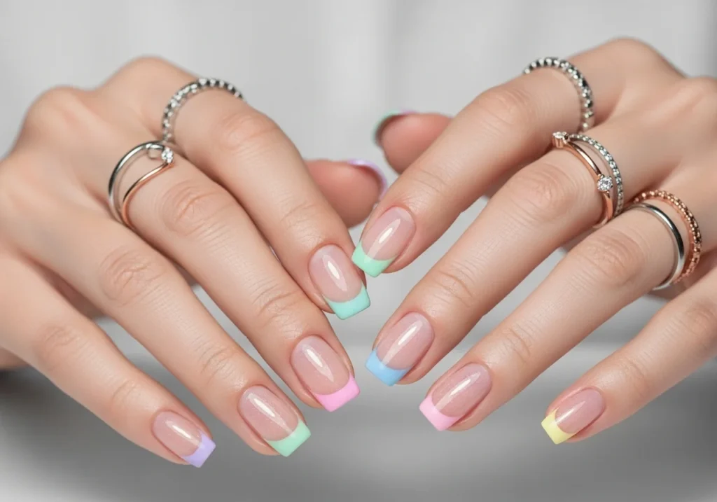 Short nails with modern pastel French tips in a chic, elegant style.