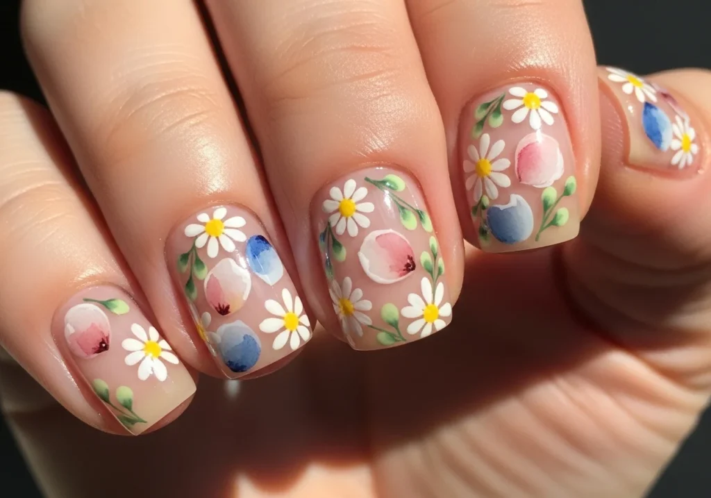 Short nails decorated with tiny floral nail art in a soft, feminine style.