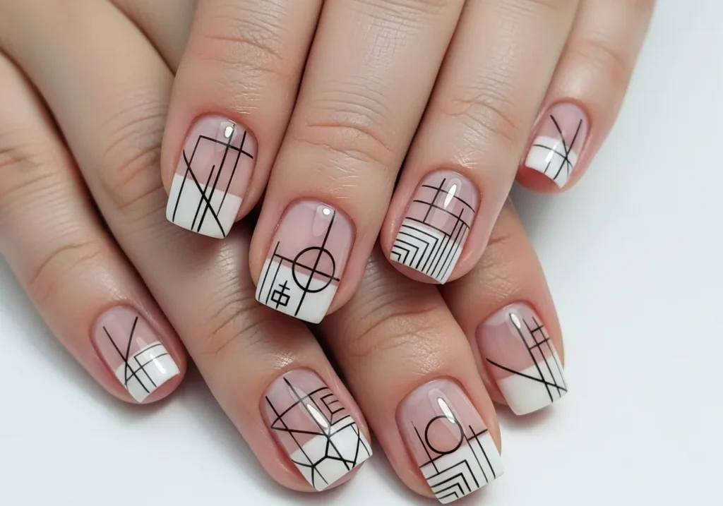 Minimal line nail art on short nails with geometric and clean linear designs.