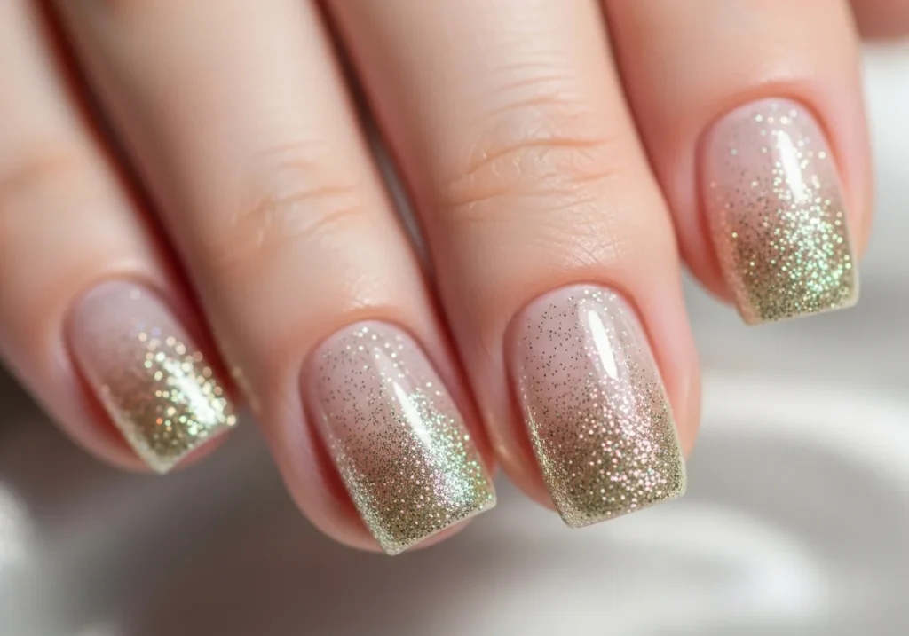 Short nails with glitter gradient tips for a subtle, sparkly nail look.