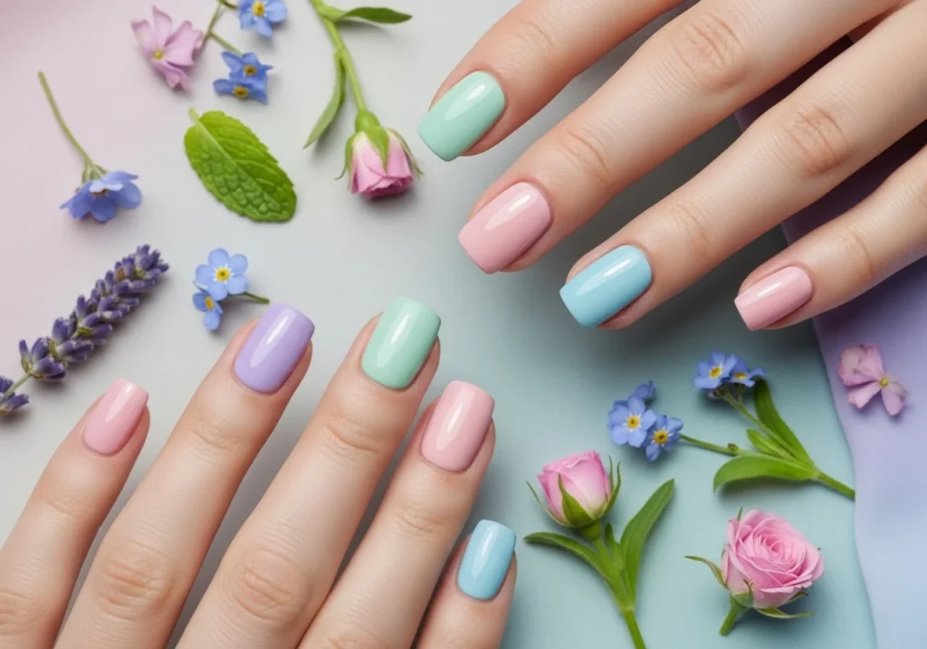 Short nails painted in pastel shades like lavender, mint, and blush.