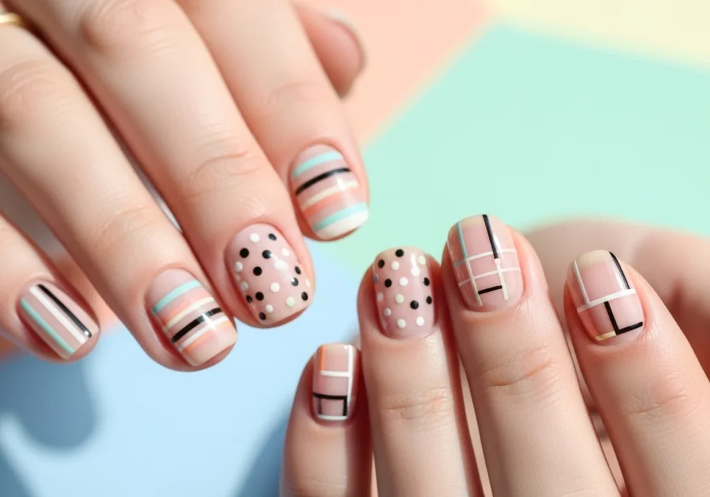 Beginner-friendly simple nail art on short nails with stripes, dots, and minimal line designs created at home.