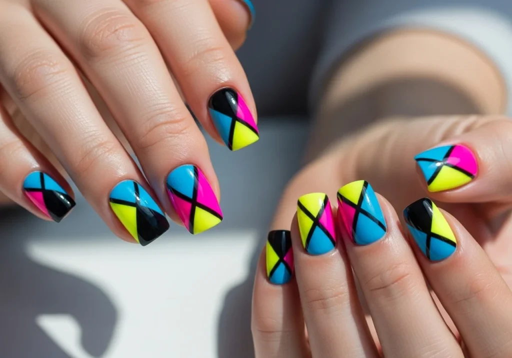 Short nails featuring bold geometric patterns and vibrant colors for a modern, trendy look.