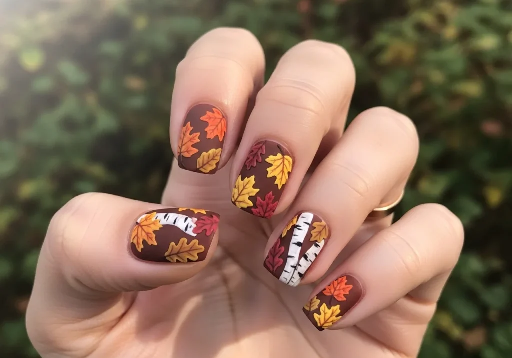 Short nails featuring seasonal-inspired designs like autumn leaves, spring florals, or summer patterns.