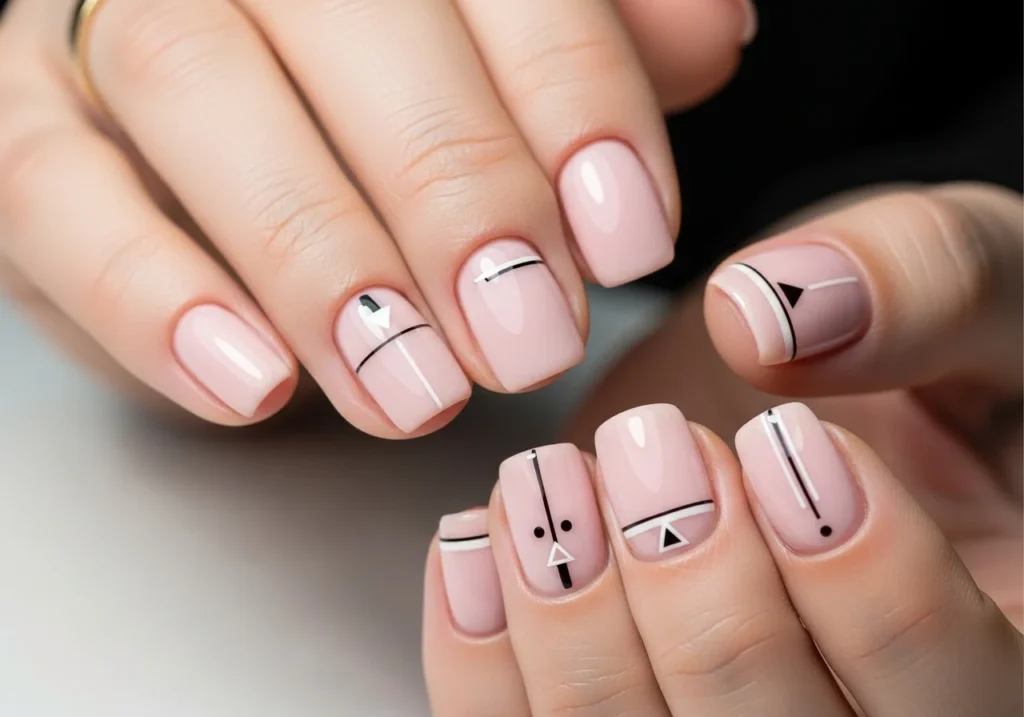 Minimalist short nail designs with thin lines, negative space, and simple geometric patterns.