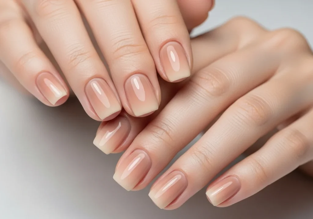 Short nails painted in nude and beige shades with a polished, natural look.