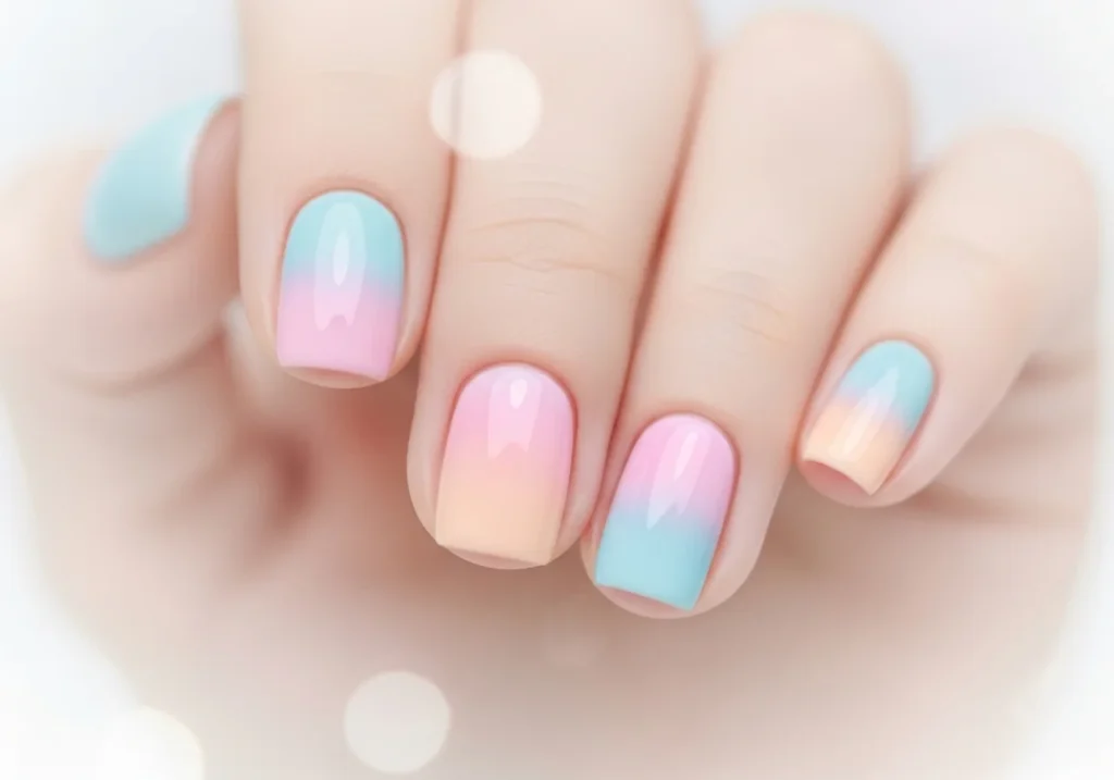 Short nails painted in pastel colors like baby blue, peach, and light pink for a soft, sweet look.