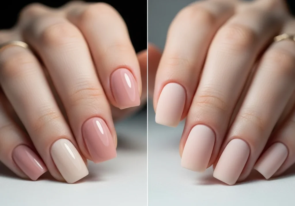 Short nails featuring glossy and matte finishes, highlighting the difference in texture and style.