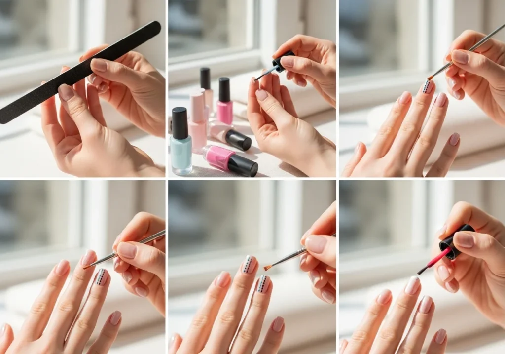 Step-by-step DIY nail art on short nails at home, showing filing, base coat, colors, simple designs, and top coat application.