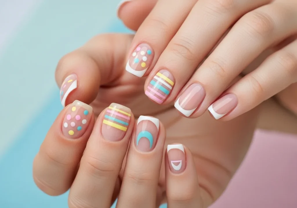 Short nails with simple beginner-friendly designs like dots, stripes, French tips, and geometric shapes, finished with a glossy top coat.