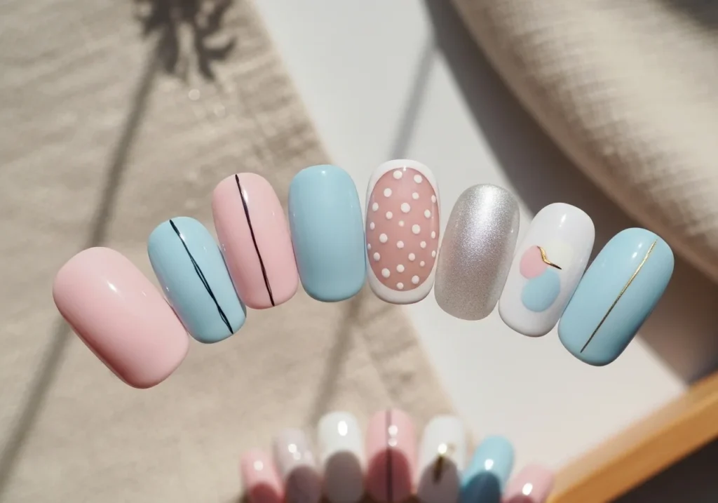 Variety of short nail designs including pastels, French tips, polka dots, and minimal lines, showcasing the versatility and elegance of short nails.