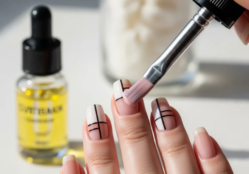 Perfect short nails with pro tips including filing, base coat, minimal colors, geometric designs with tape, top coat, and moisturized cuticles.