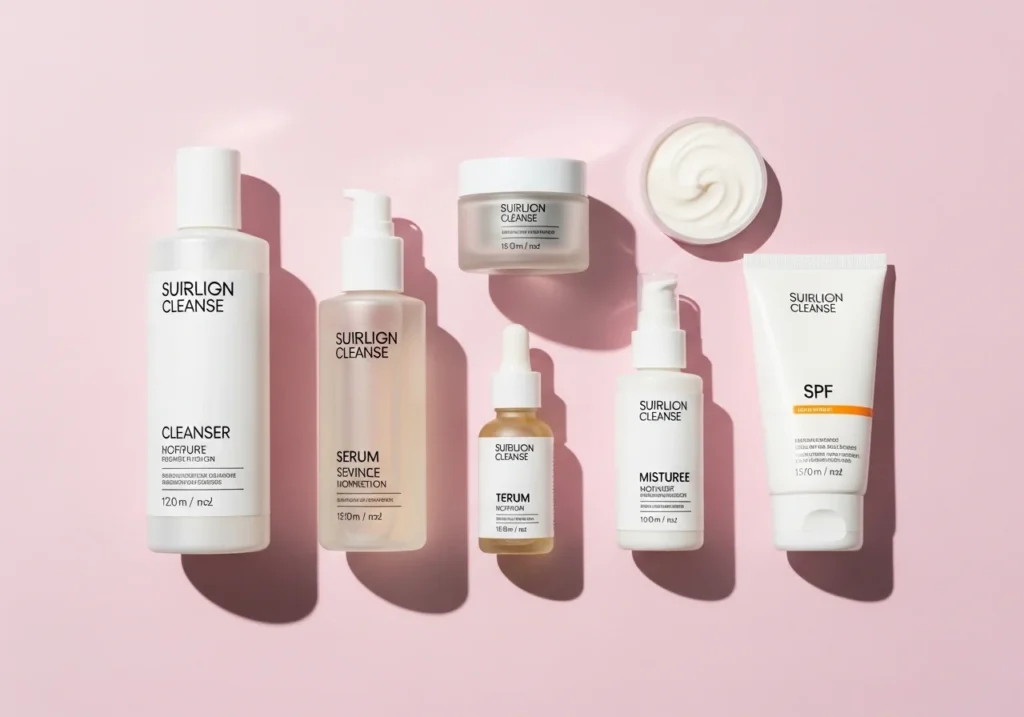 Flat-lay of essential skincare products including cleanser, toner, serum, and moisturizer for a healthy and glowing skin routine.