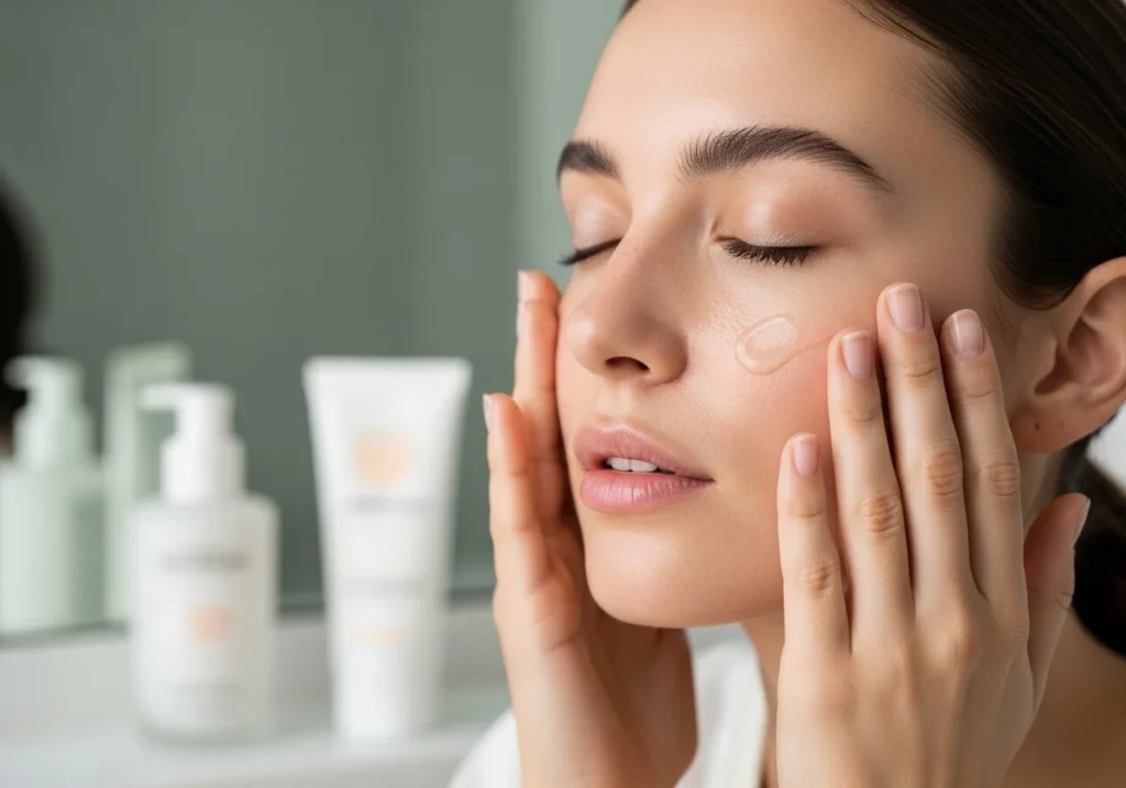 Woman applying serum to her face as part of a daily skincare routine, with moisturizer and sunscreen nearby for healthy and glowing skin.