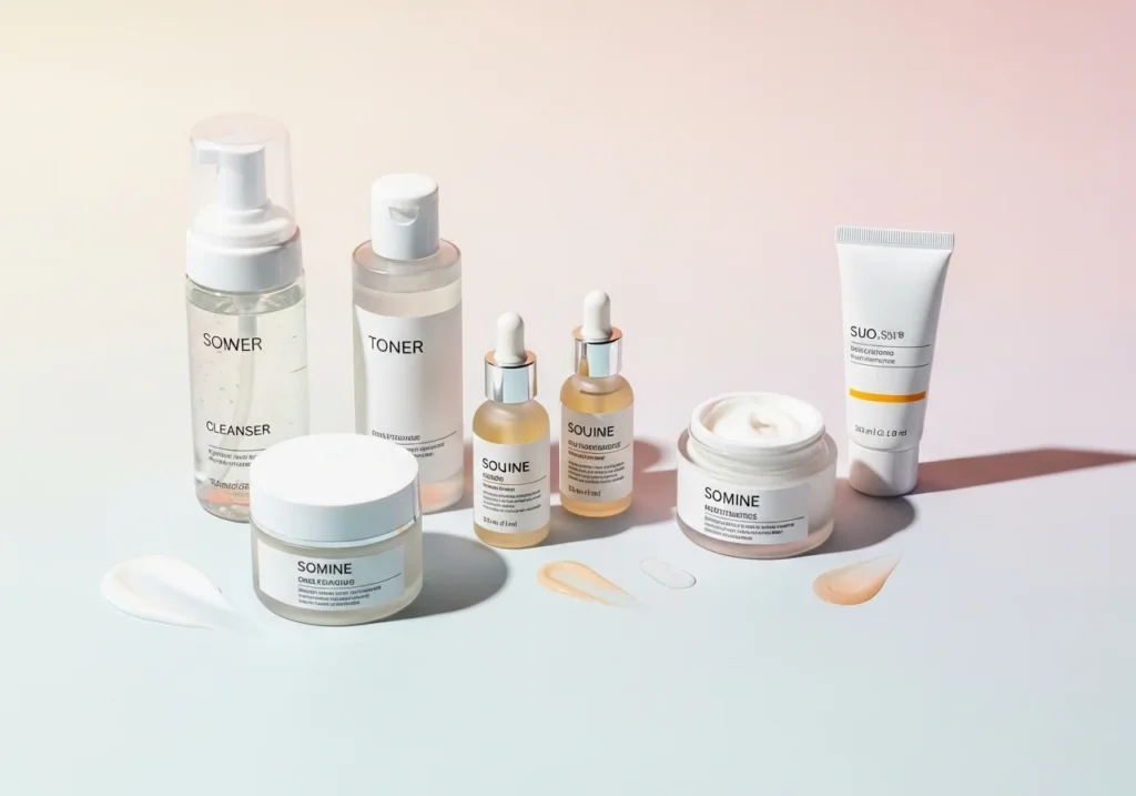 Flat-lay of essential skincare products including cleanser, toner, moisturizer, sunscreen, and serum, arranged to show a basic daily skincare routine.