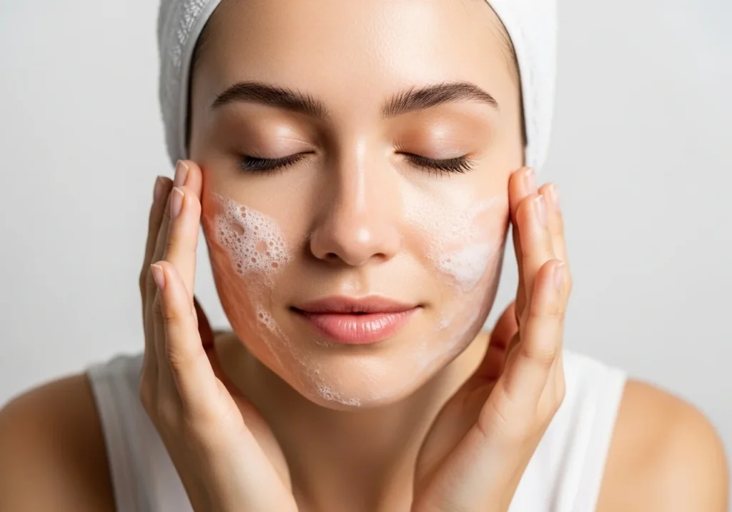 Woman performing her morning skincare routine with cleanser, toner, moisturizer, and sunscreen for healthy and protected skin.