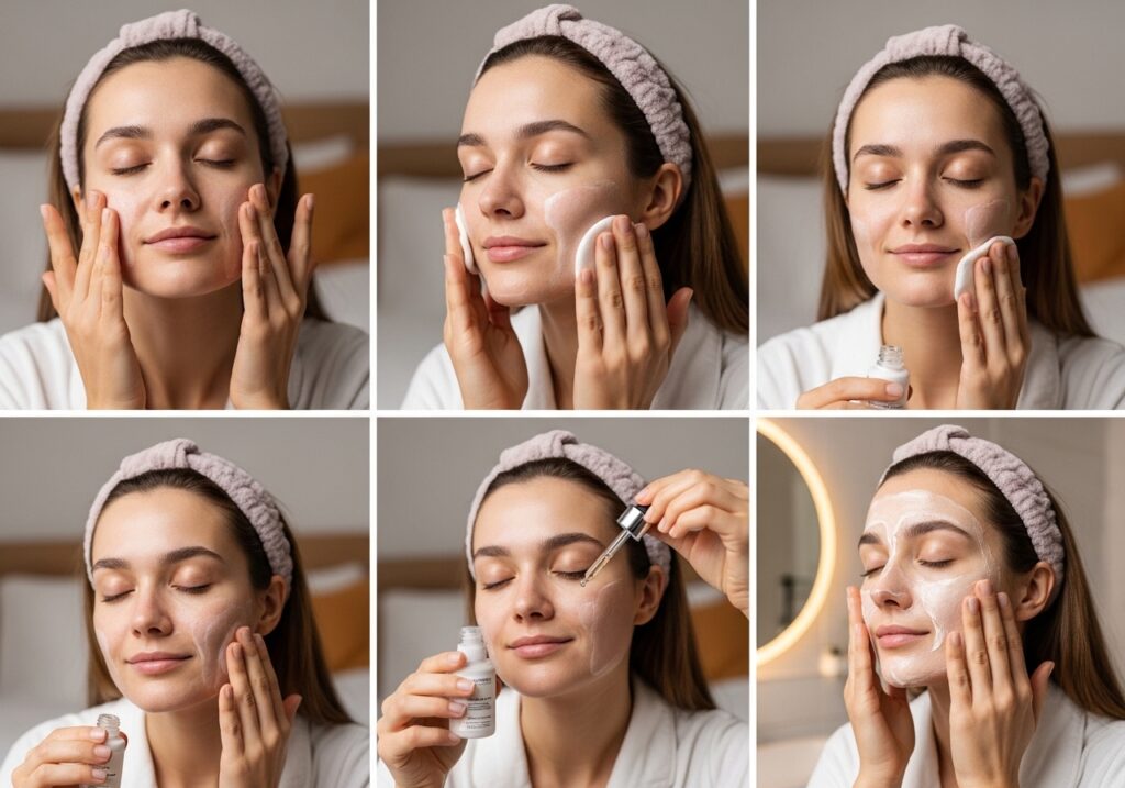 Woman following her night skincare routine with double cleansing, toner, serum, and overnight moisturizer for skin repair and hydration.