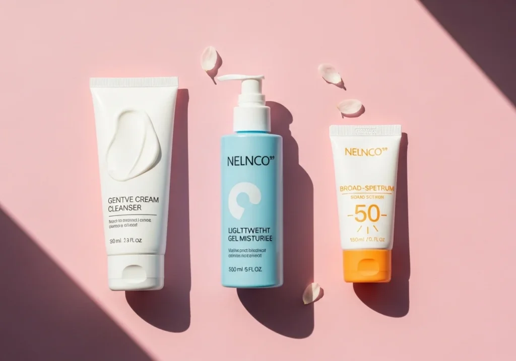 Flat-lay of beginner-friendly skincare products including cleanser, moisturizer, and sunscreen on a pastel pink background for a simple daily skincare routine.
