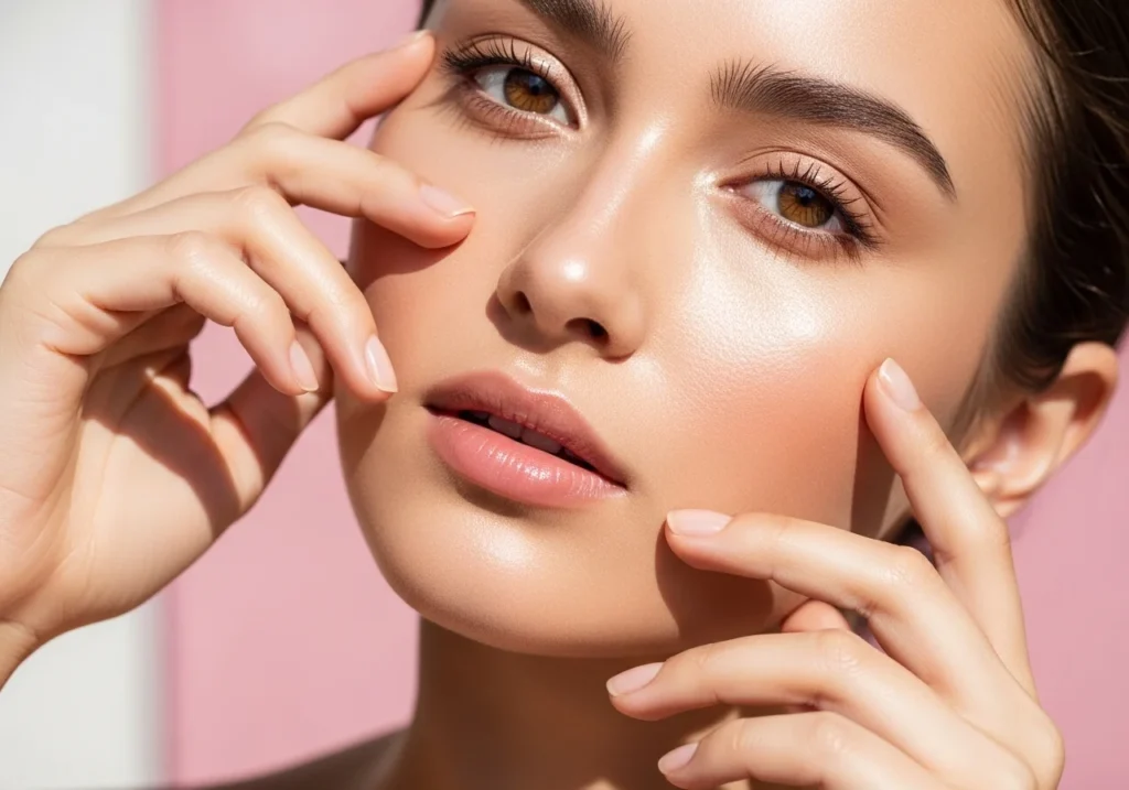 Close-up of a woman with glowing, healthy skin, showcasing a radiant and dewy complexion.