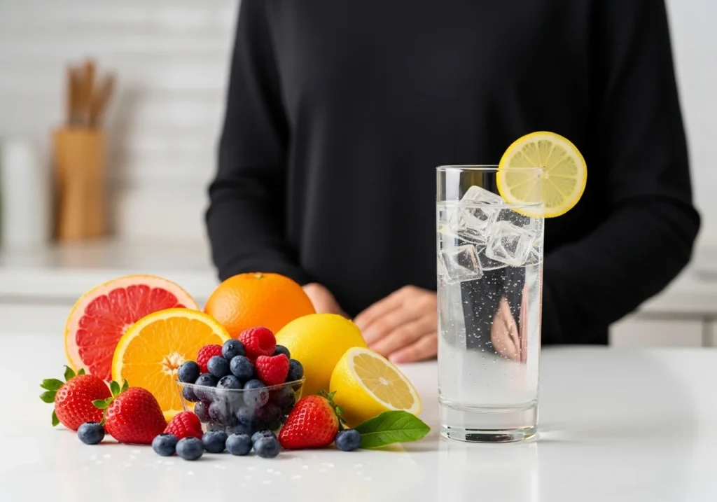 Woman with glowing skin applying serum, surrounded by healthy fruits and water, illustrating expert tips for radiant and healthy skin.
