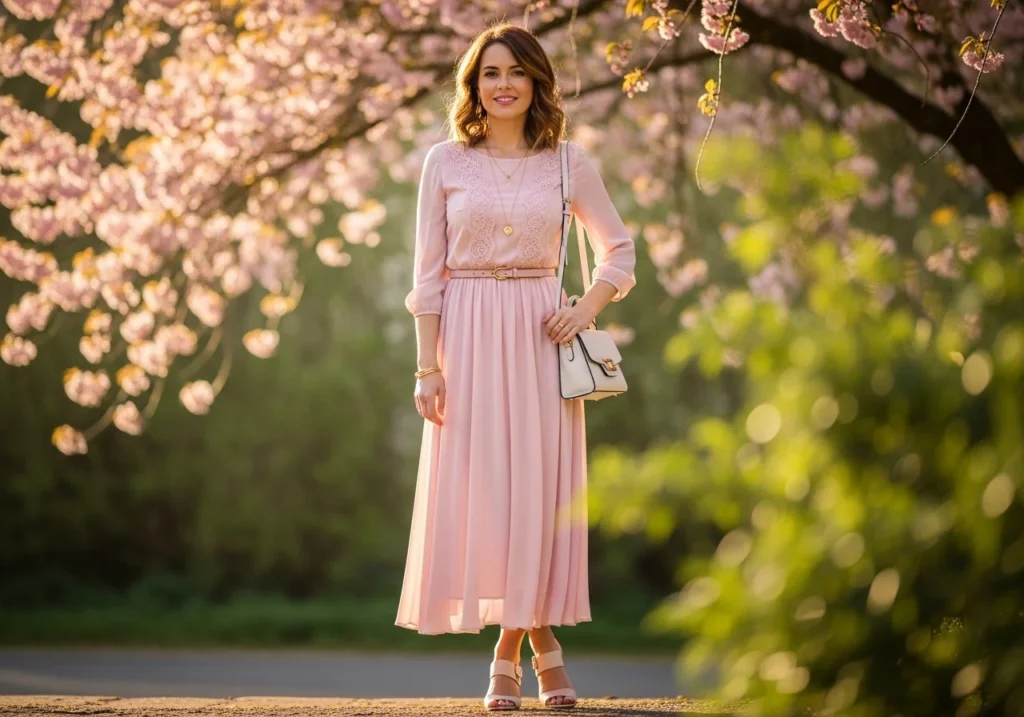Stylish woman in a light pastel dress outdoors in spring, showcasing a classy and chic seasonal outfit.”\