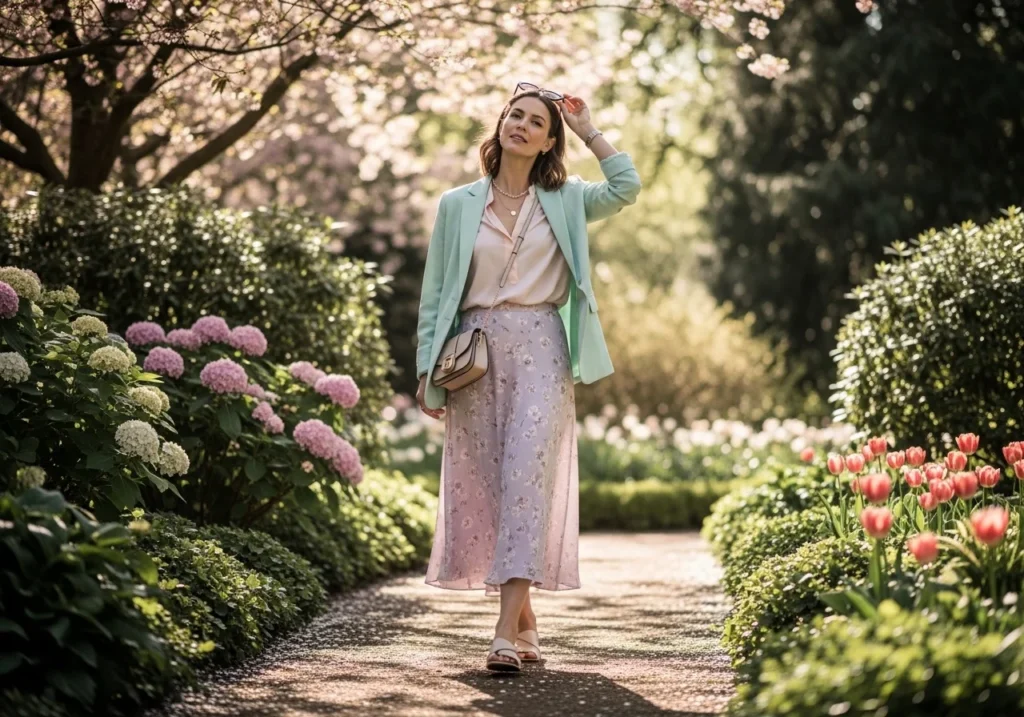 Woman wearing a light silk blouse and blazer layered outfit outdoors in spring, showcasing elegant and comfortable classy spring fashion.