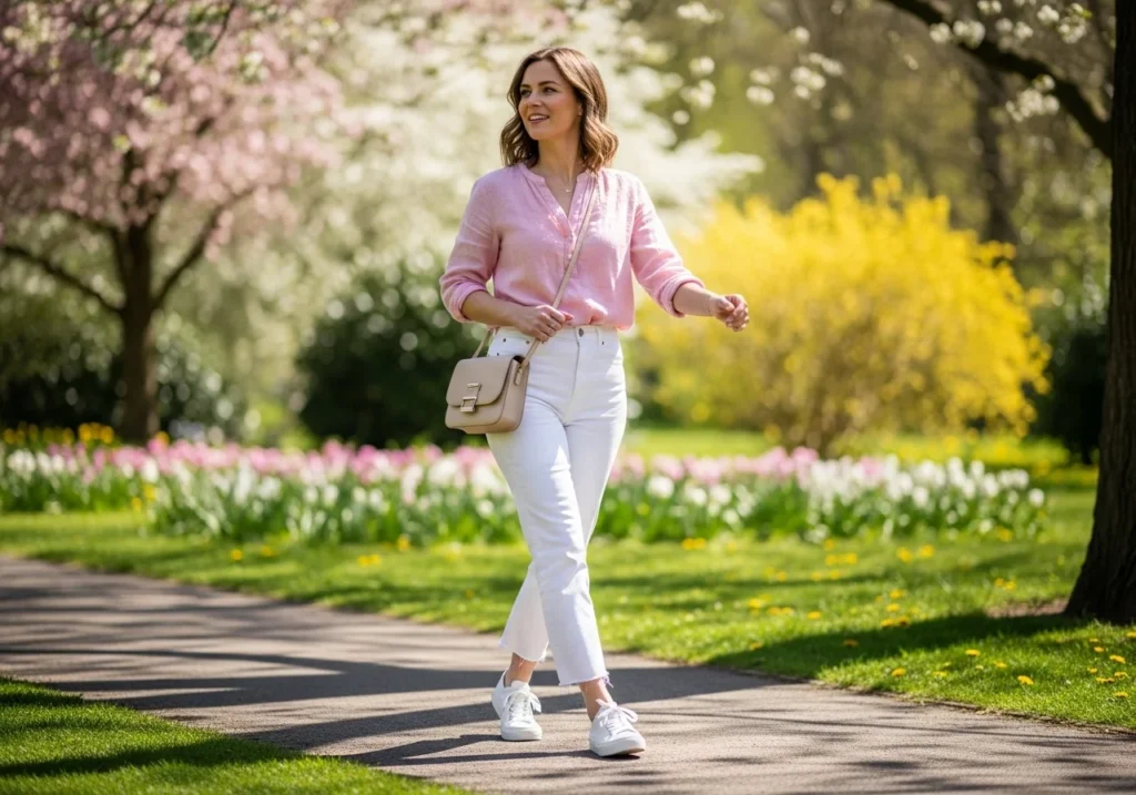 Woman wearing a pastel blouse and white jeans with sneakers outdoors in spring, showcasing a casual yet stylish spring outfit.
