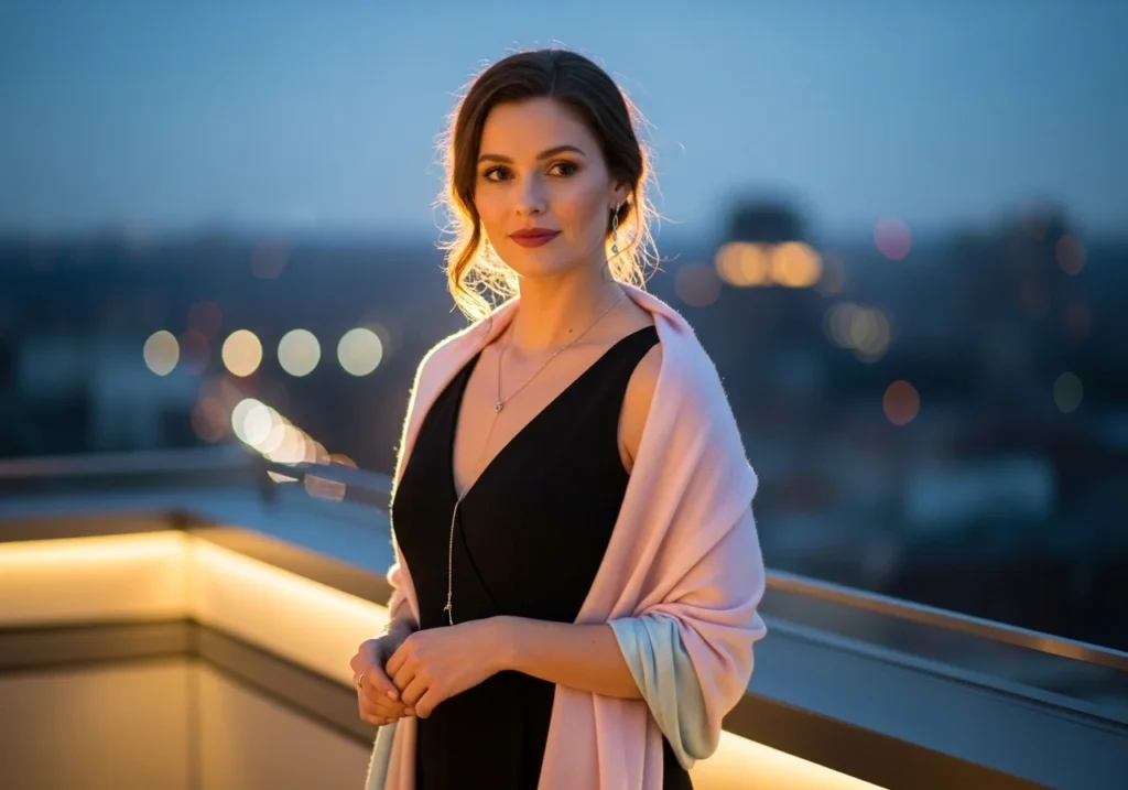 Woman wearing a little black dress with a light shawl and delicate accessories, showcasing an elegant spring evening outfit.