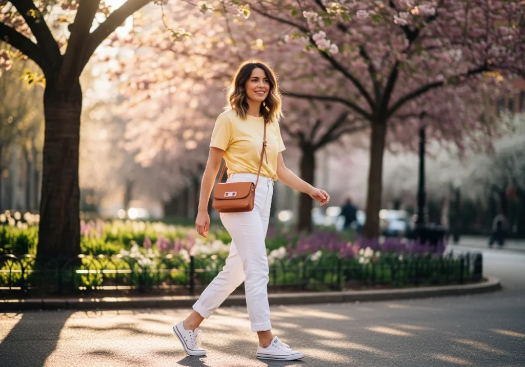 Woman wearing a pastel t-shirt and white jeans with sneakers outdoors in spring, showcasing casual and stylish spring outfit ideas.