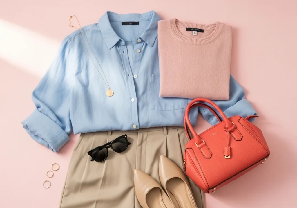Flat-lay of spring outfits and accessories including pastel and neutral clothing, bold color handbag, sunglasses, and flats, illustrating expert styling tips for spring fashion.