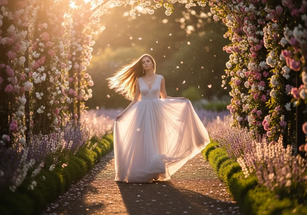 Dreamy spring fashion editorial scene — a stylish woman walking through a sunlit garden path wearing a flowing pastel dress, soft breeze moving the fabric, delicate blossoms falling around her, warm golden-hour light, elegant minimal accessories, serene and inspiring mood representing the freshness and elegance of spring wardrobe styling, perfect for a blog conclusion image.