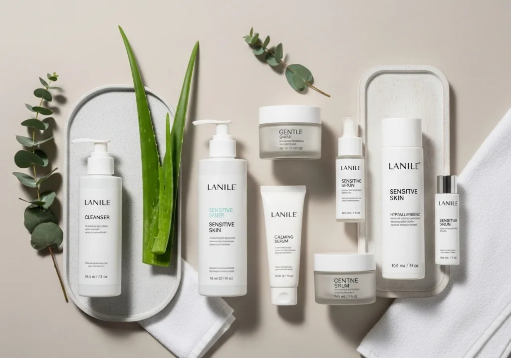 Flatlay of sensitive skin skincare products including gentle cleansers, moisturizers, and serums, arranged neatly with soft lighting and calming natural accents.